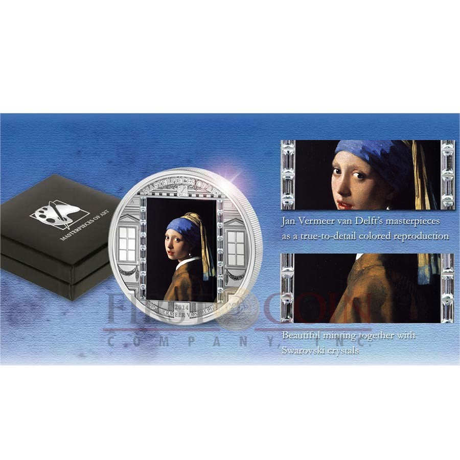 Cook Islands Vermeer Girl with a Pearl Earring $20 Masterpieces of Art Silver Coin Swarovski Crystals Proof 3 oz  2014